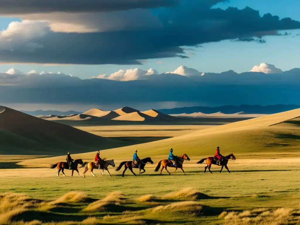 Vasta estepa mongola con jinetes a caballo, evocando la transformación de Gengis Khan