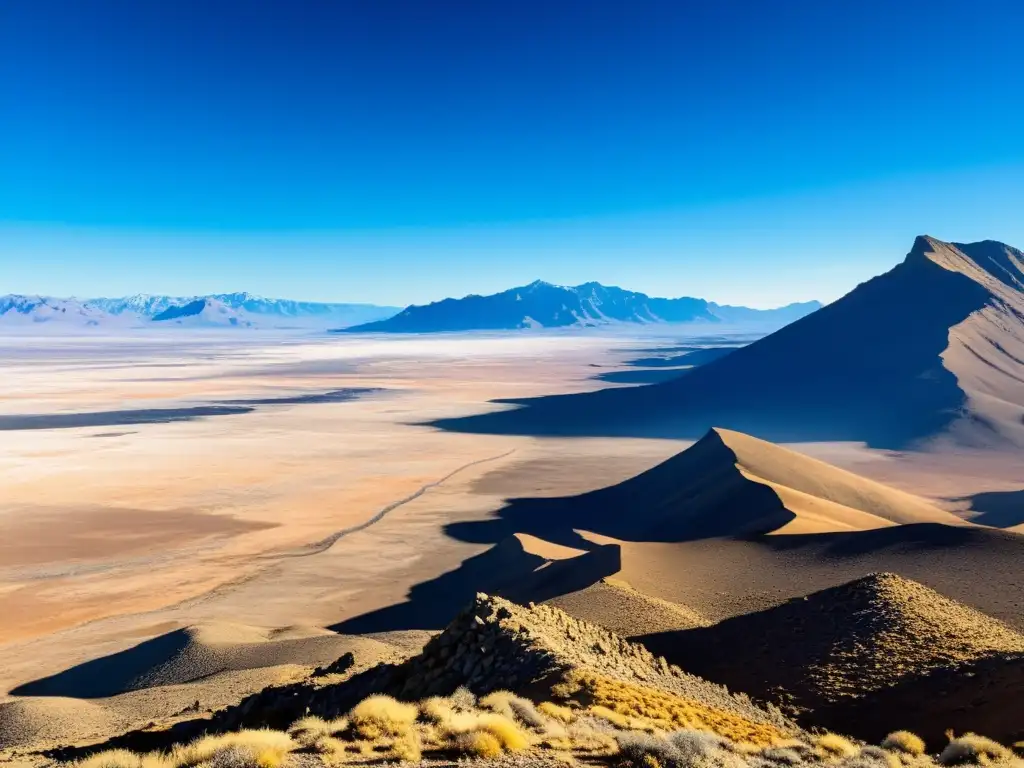 Vasta llanura desolada con ruinas antiguas, montañas y cielo azul intenso, evocando expediciones militares Khanes Mongol consecuencias