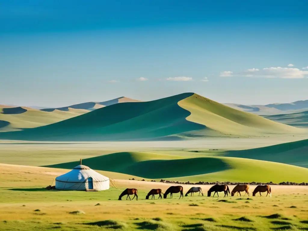 Una fotografía de alta resolución de la vasta estepa mongol bajo un cielo azul claro, con un pequeño ger (yurta tradicional) a lo lejos