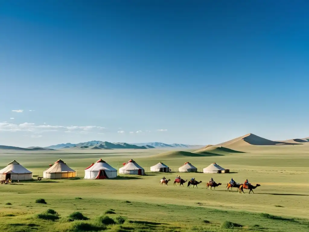 Vasta estepa mongol con comercio en la antigua Mongolia: caravana de camellos y nómadas bajo un cielo azul