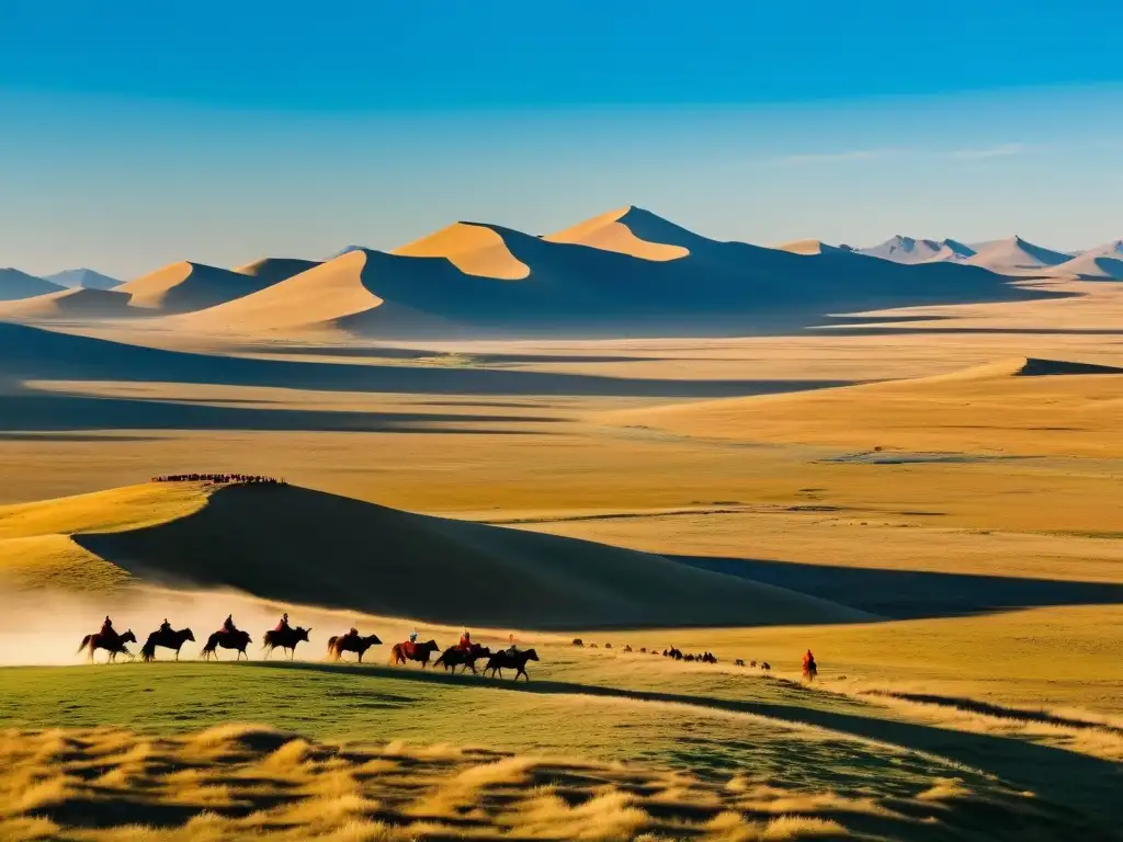 Vasta estepa mongol con nómadas pastoreando, yurt en el horizonte