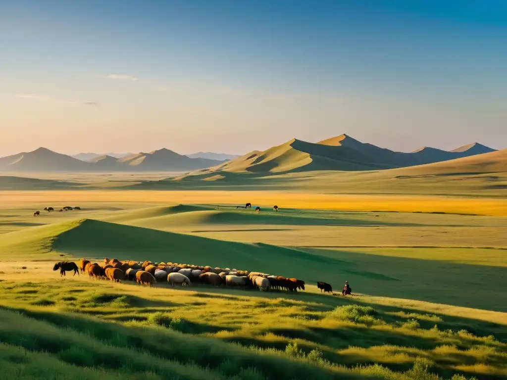 Vasta estepa mongol, pastores nómadas en tradicionales gers bajo el cálido atardecer