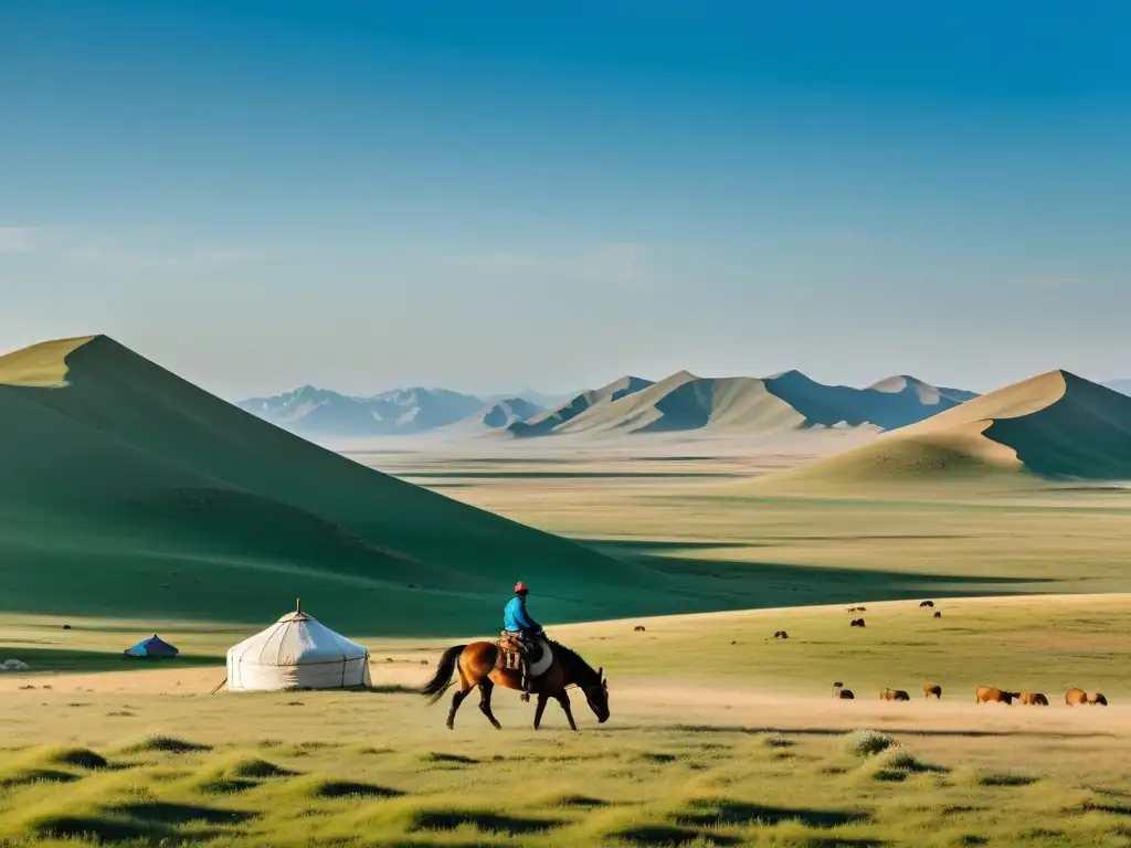 Vasta estepa mongol con yurtas nómadas, caballo solitario y montañas al fondo