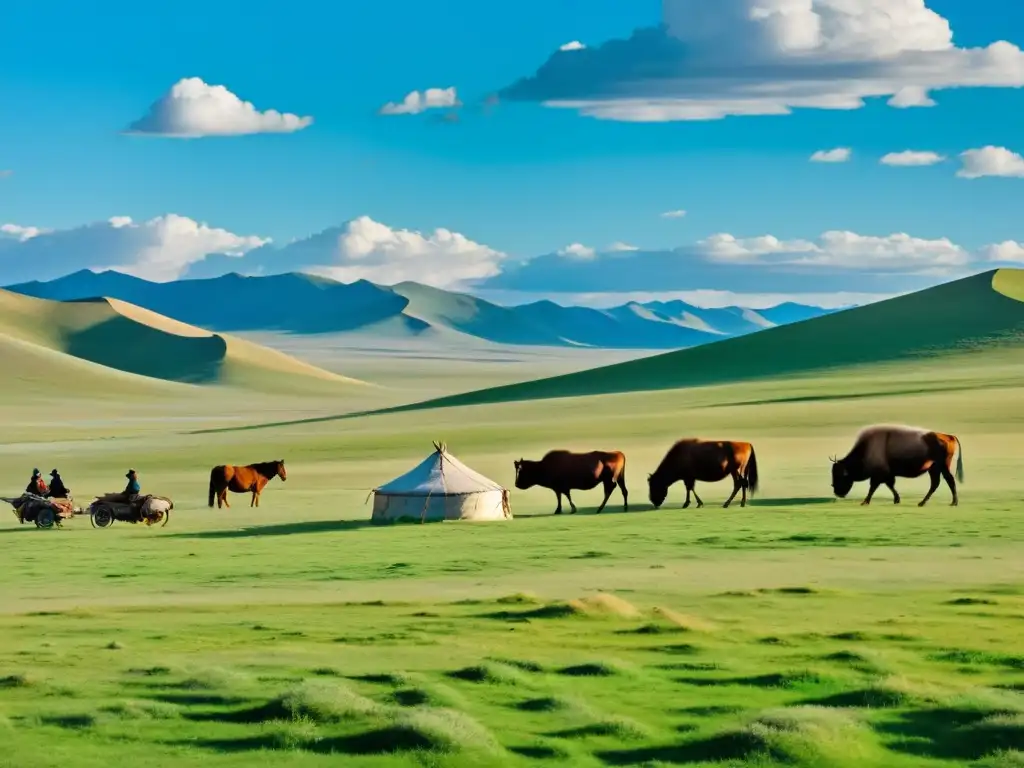 Vasta estepa de Mongolia con pastores yurtas, reflejo de la vida tradicional y el impacto ambiental campañas Khanes Mongolia