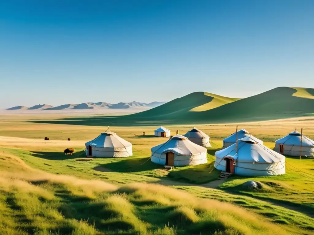 Vasta estepa de Mongolia, con yurtas nómadas y ganado pastando bajo cielo azul