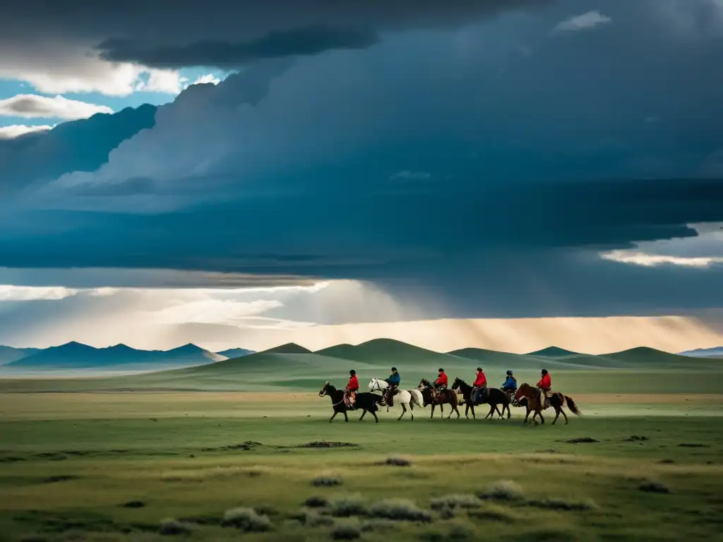 Vasta estepa mongola con nómadas a caballo y halcones, reflejando el legado de justicia mongola en la naturaleza