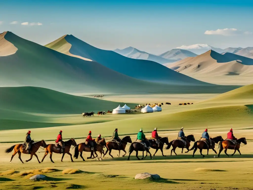 Vasta paisaje mongol con caravana de jinetes y yurtas en la distancia