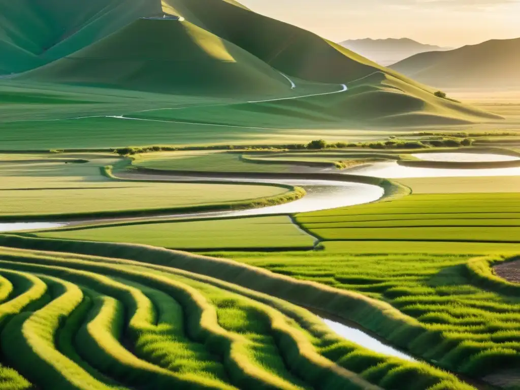 Vasta paisaje de Mongolia con agricultores utilizando técnicas de riego en tierras áridas al atardecer