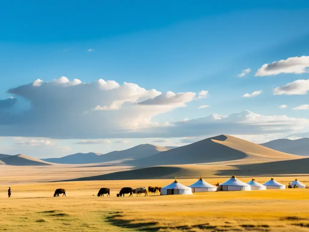 Una vasta estepa mongola con pastizales dorados, herders nómadas cuidando ganado, yurts dispersos y cielo azul