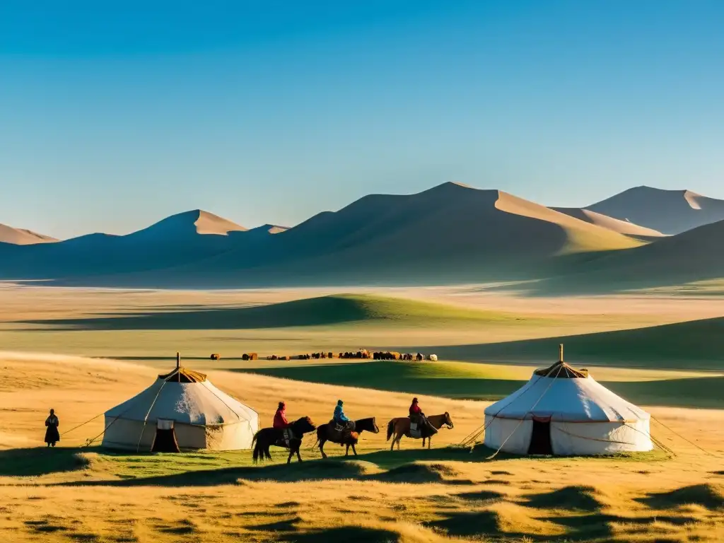 Vasta estepa mongola con pastores nómadas yurtas en el horizonte, reflejando la belleza y la tranquilidad de Mongolia