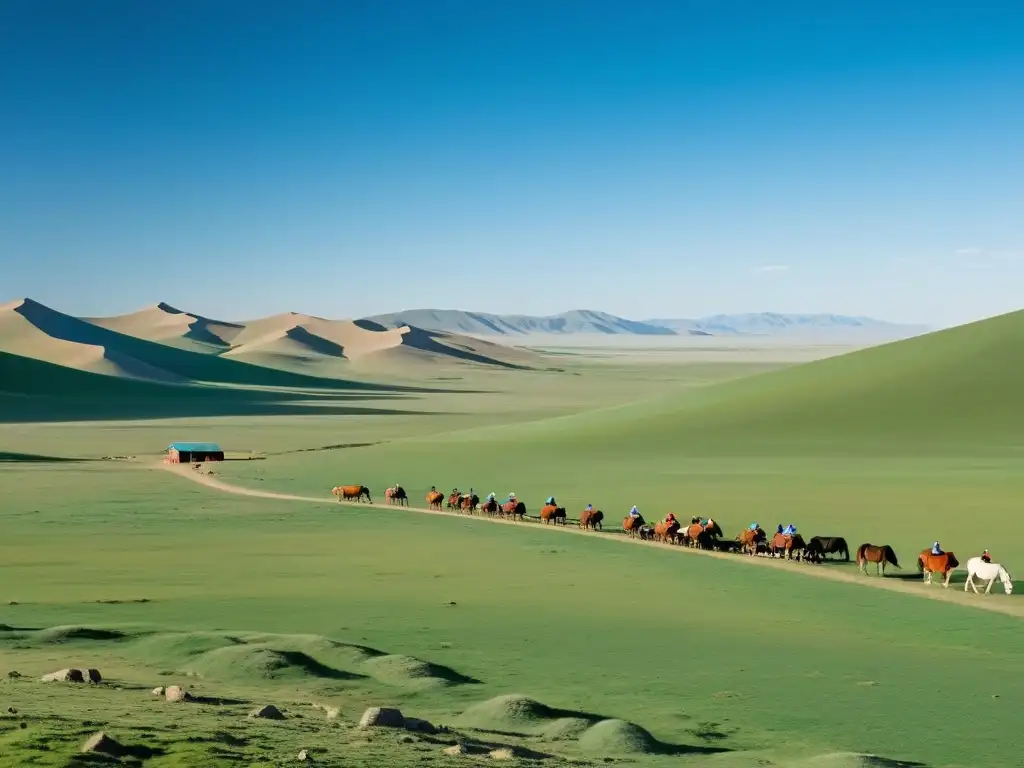 Vasta estepa mongola con pastores nómadas y yurtas, desafíos logísticos Imperio Mongol en paisaje remoto y expansivo