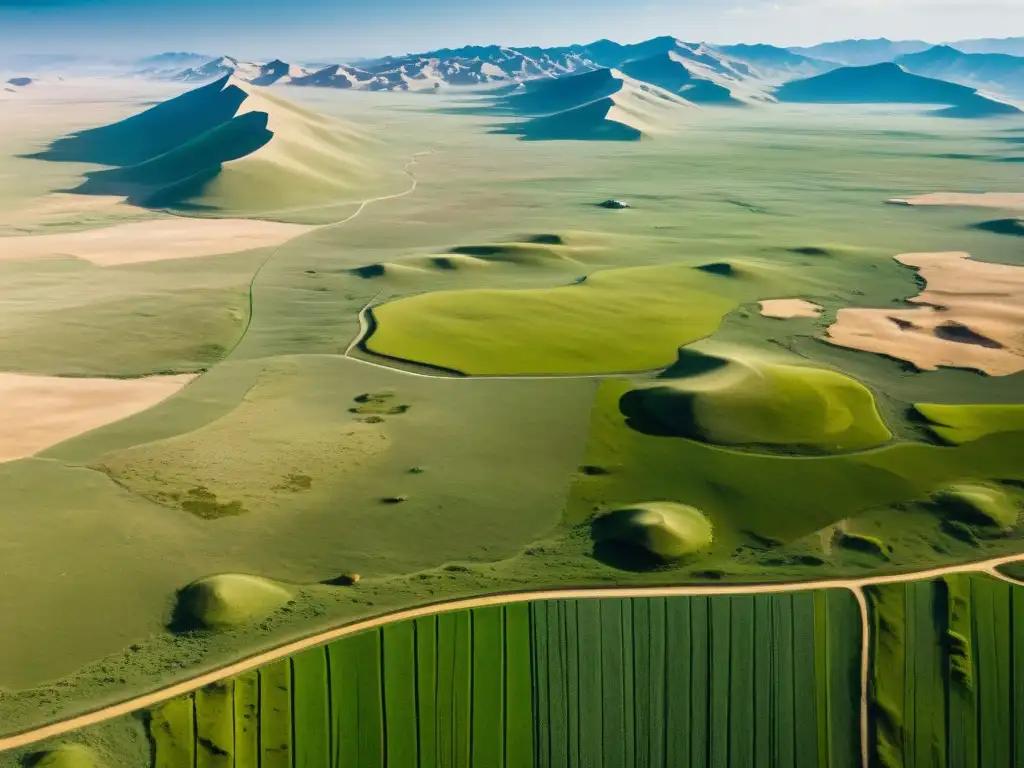 Vasta estepa mongola con rebaños dispersos y terreno rugoso, evocando el espíritu del Imperio Mongol y los descubrimientos arqueológicos