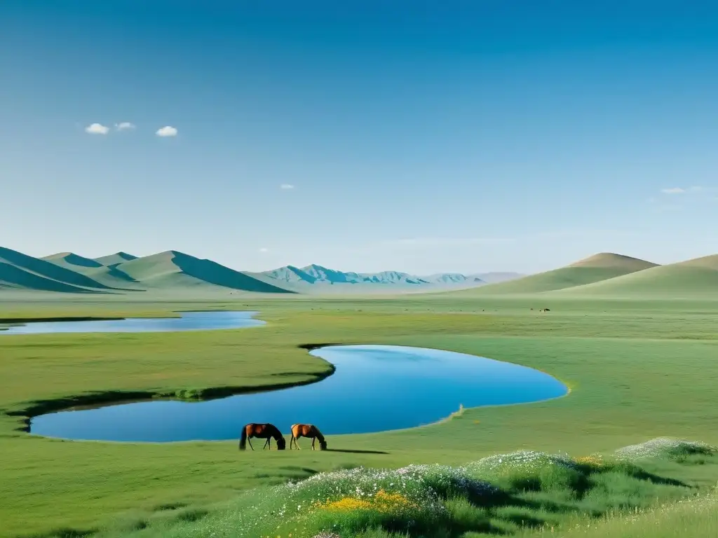 Vasta estepa mongola con yurtas, caballo pastando y río, ideal para la mejor época viajar Mongolia