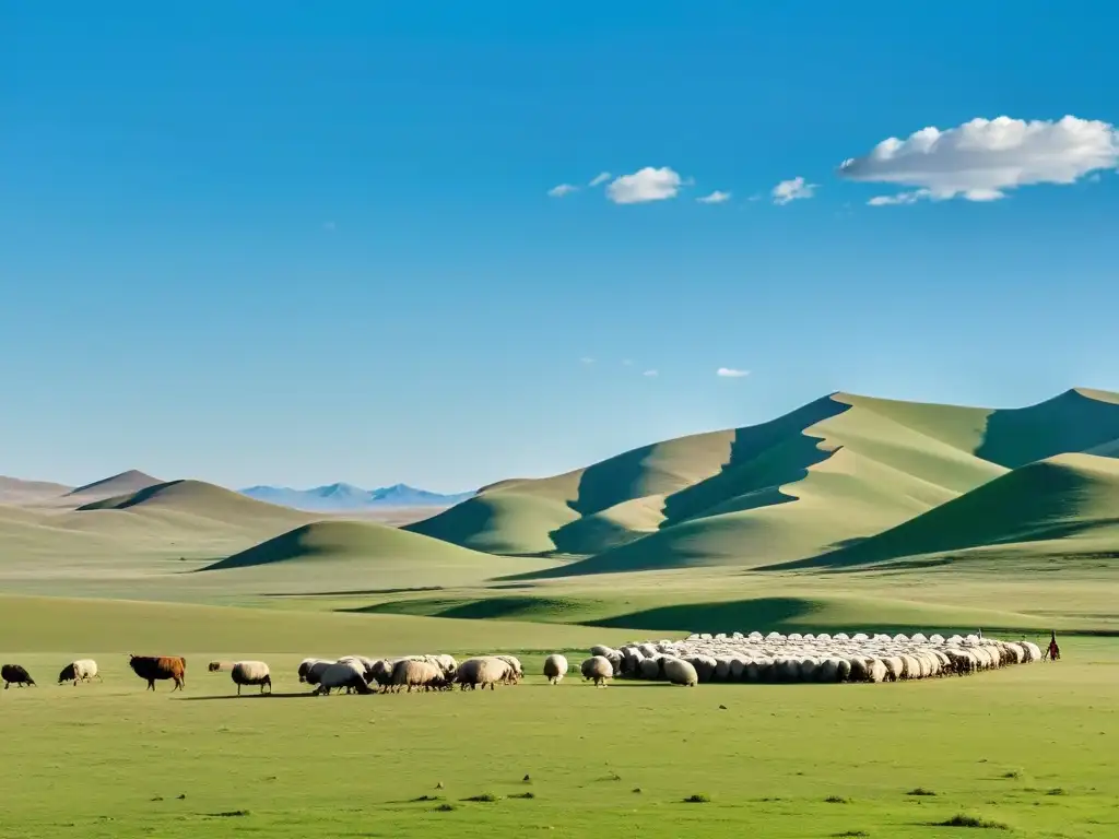 Vasta y serena estepa de Mongolia con yurtas dispersas y pastor cuidando ovejas