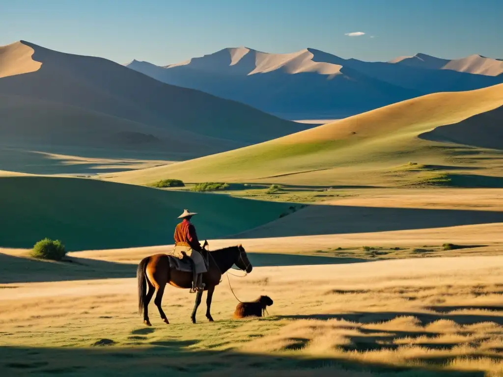 Un herder mongol contempla la vasta estepa bajo el sol dorado, con formas narrativas tradicionales mongolas