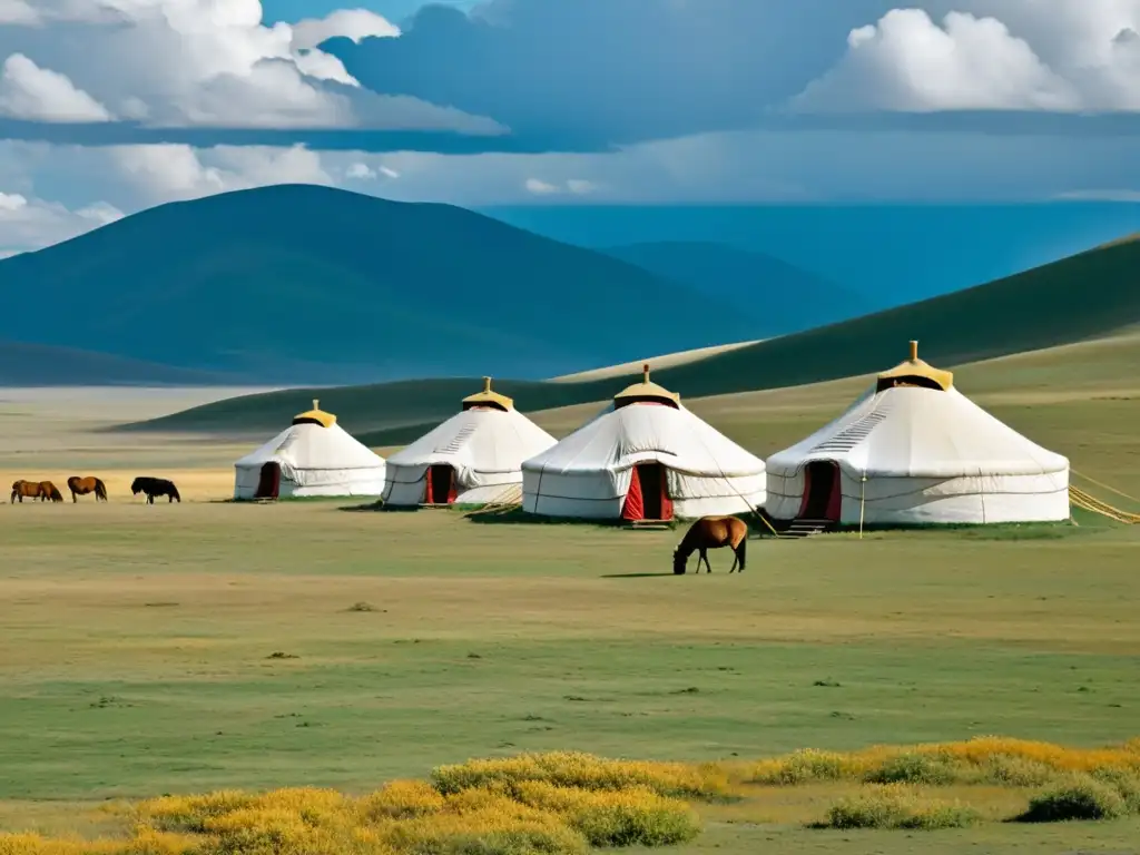 Vasta estepa mongola con yurtas tradicionales, caballos pastando y cielo nublado, evocando la historia y legado del Imperio Mongol