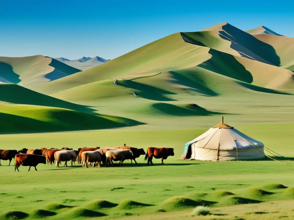 Una vasta y ventosa tierra mongola con colinas verdes y un cielo azul