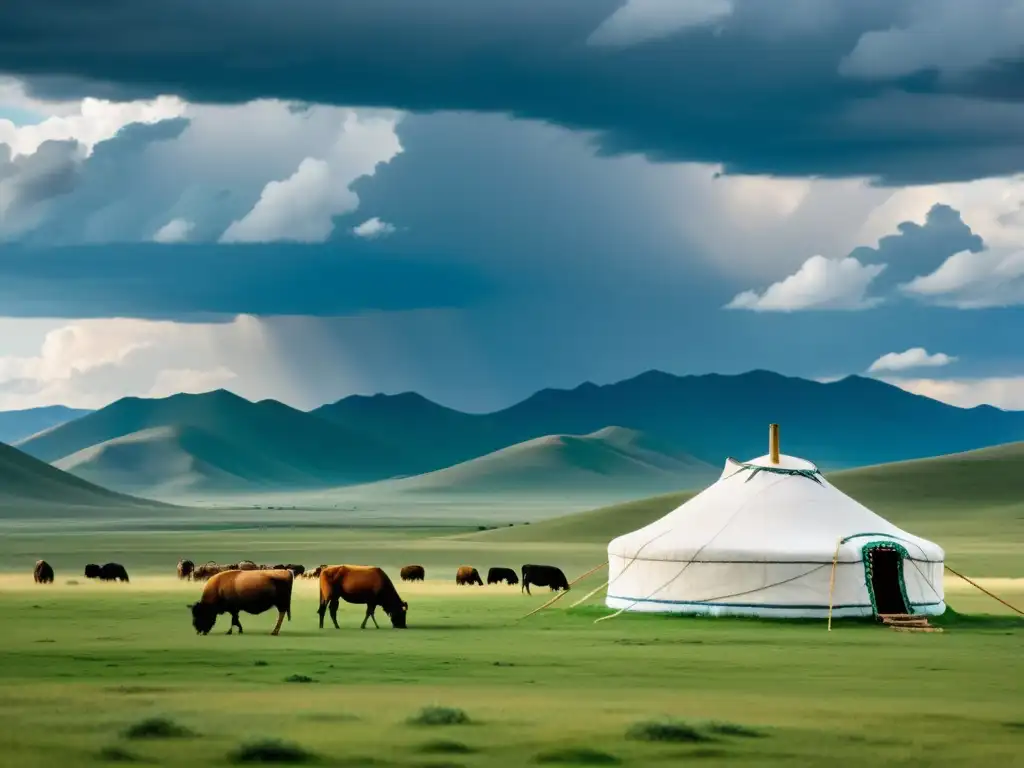 La vasta estepa mongola con una yurta tradicional, pastoreo y montañas Altai al fondo