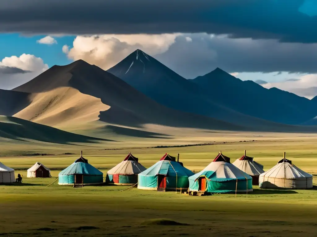 Vasta estepa mongola con yurtas nómadas y majestuosa cordillera, evocando el legado épico de Genghis Khan