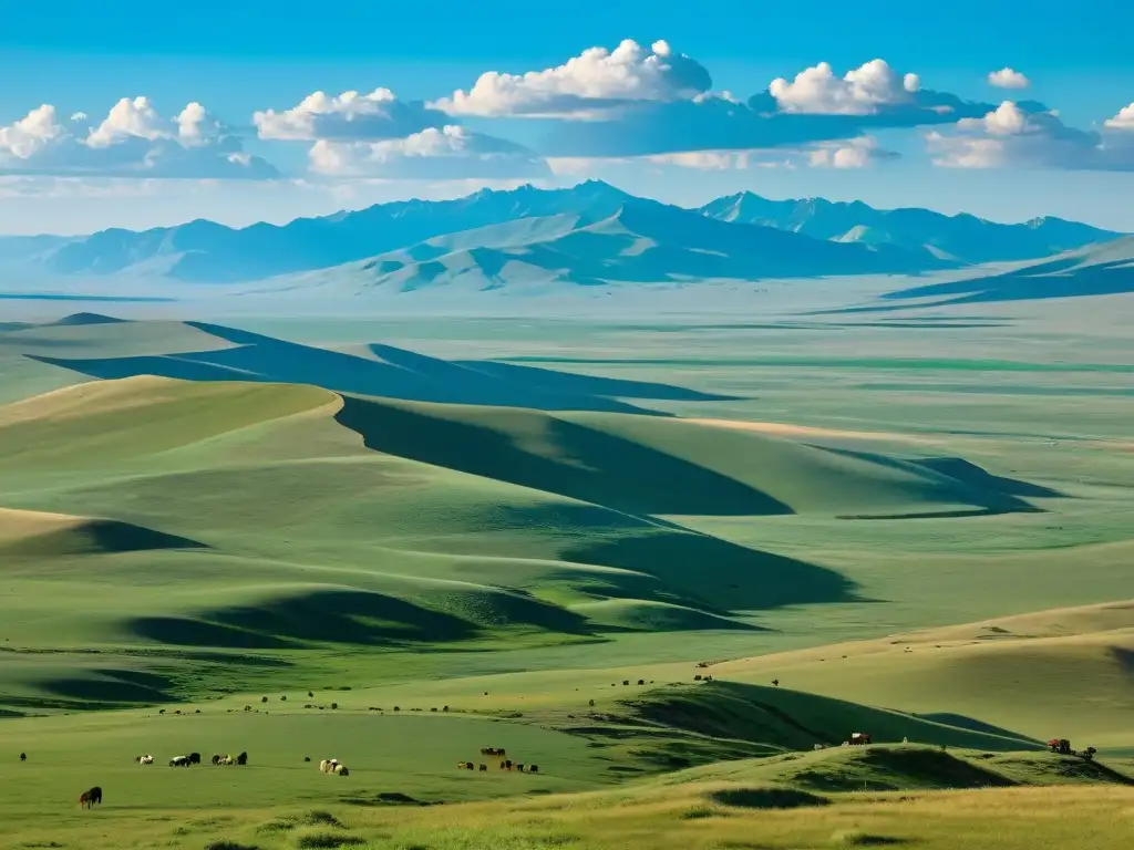 Biodiversidad en las vastas estepas premongolas, con colinas ondulantes, vida vegetal diversa y pastoreo de animales