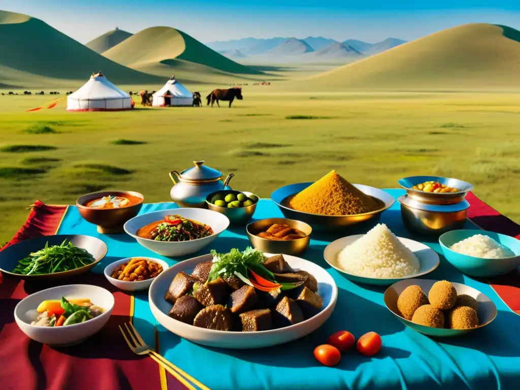 Un festín nómada mongol en las vastas estepas, con platos coloridos que muestran la rica gastronomía culinaria alimentación cultura mongola