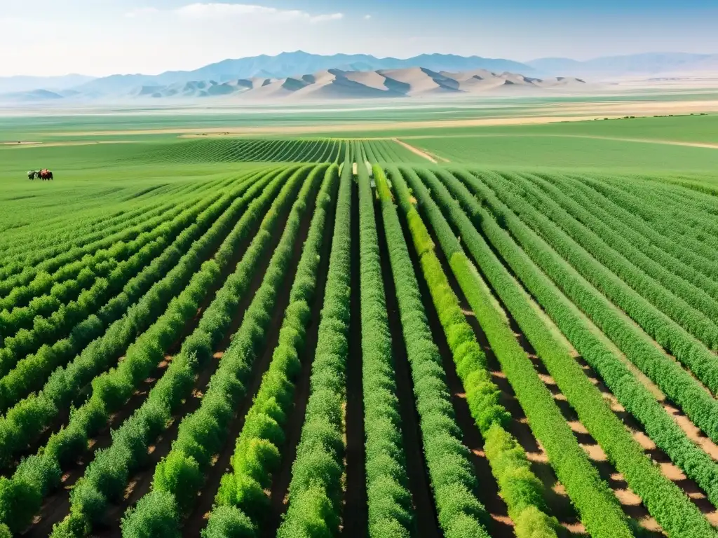 Vastas llanuras de Mongolia con viñedos cultivados por agricultores en atuendos tradicionales