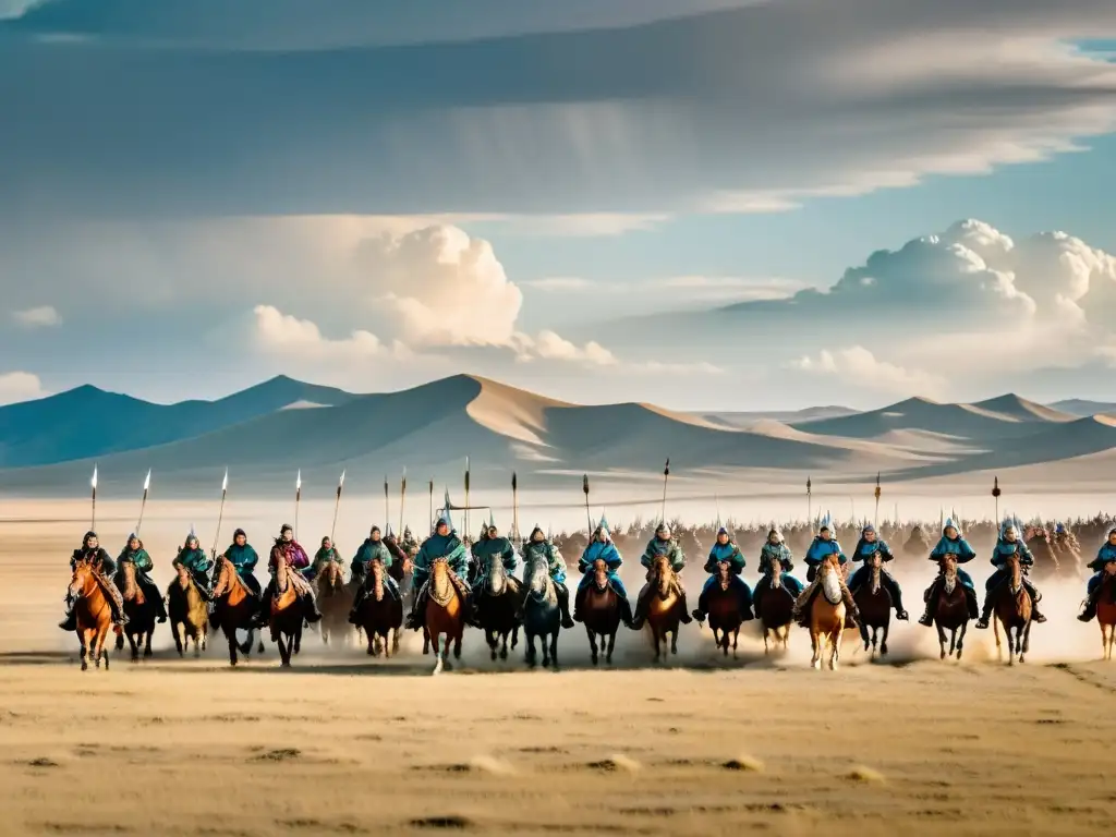 Un vasto ejército de guerreros montados mongoles cabalga a toda velocidad por la estepa, con tácticas de guerra ancestrales