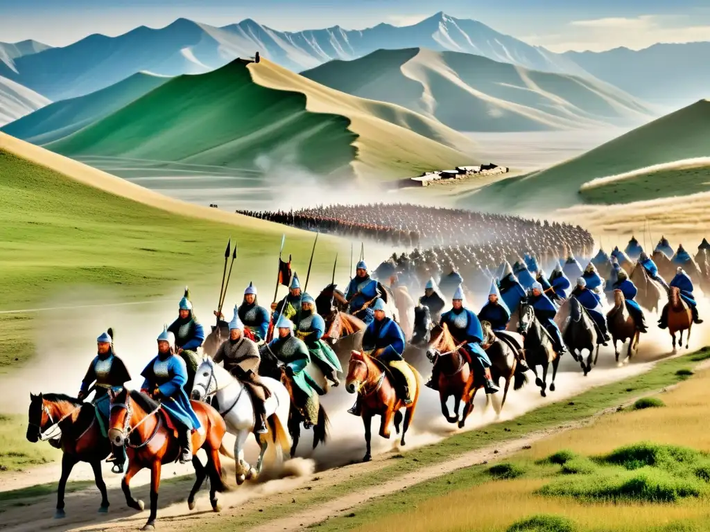 Vasto ejército mongol a caballo en avance por Rusia y Europa, capturando la brutalidad y asombro de la conquista mongola en Rusia y Europa