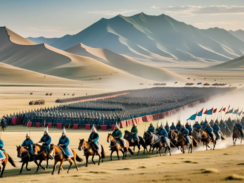 El vasto ejército mongol a caballo se prepara para la batalla, mostrando la grandiosidad y estrategias militares expansión Imperio Mongol