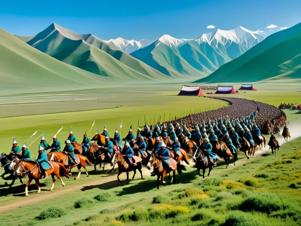 Un vasto ejército mongol en movimiento, con miles de soldados a caballo, carros de suministro y un telón de fondo de extensas llanuras y montañas