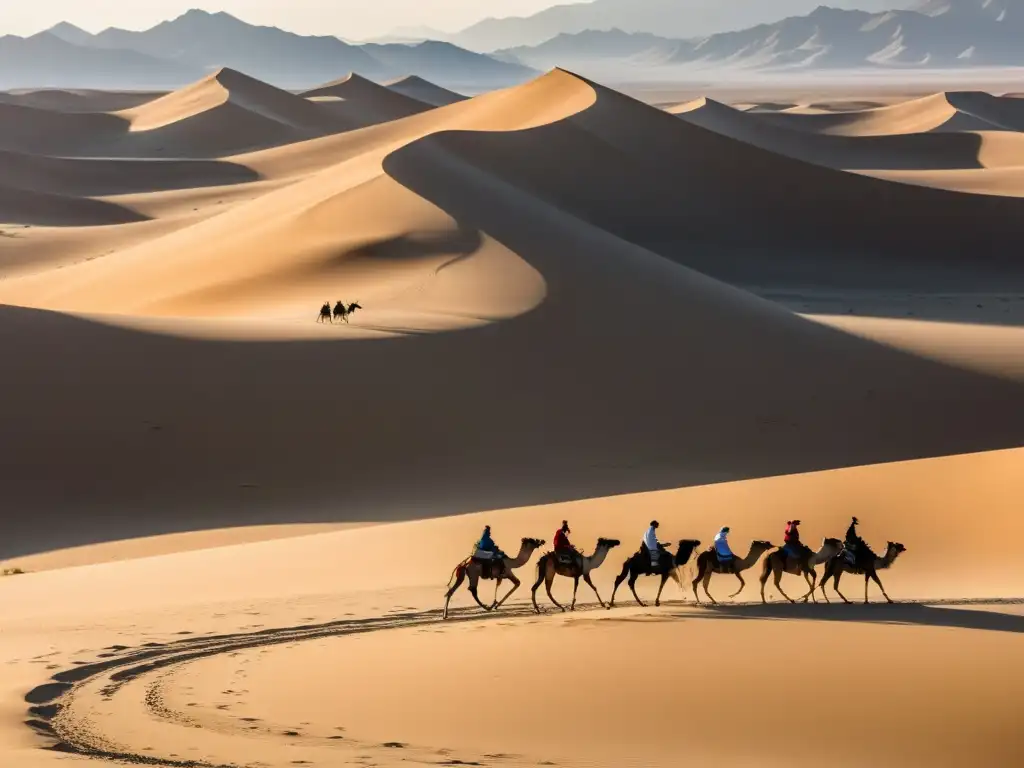 Un vasto paisaje árido se extiende con dunas de arena y una figura solitaria liderando camellos