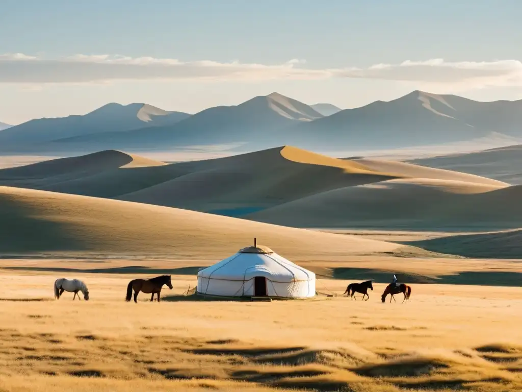 Vasto paisaje de la estepa mongol con yurta, caballos y figura a caballo