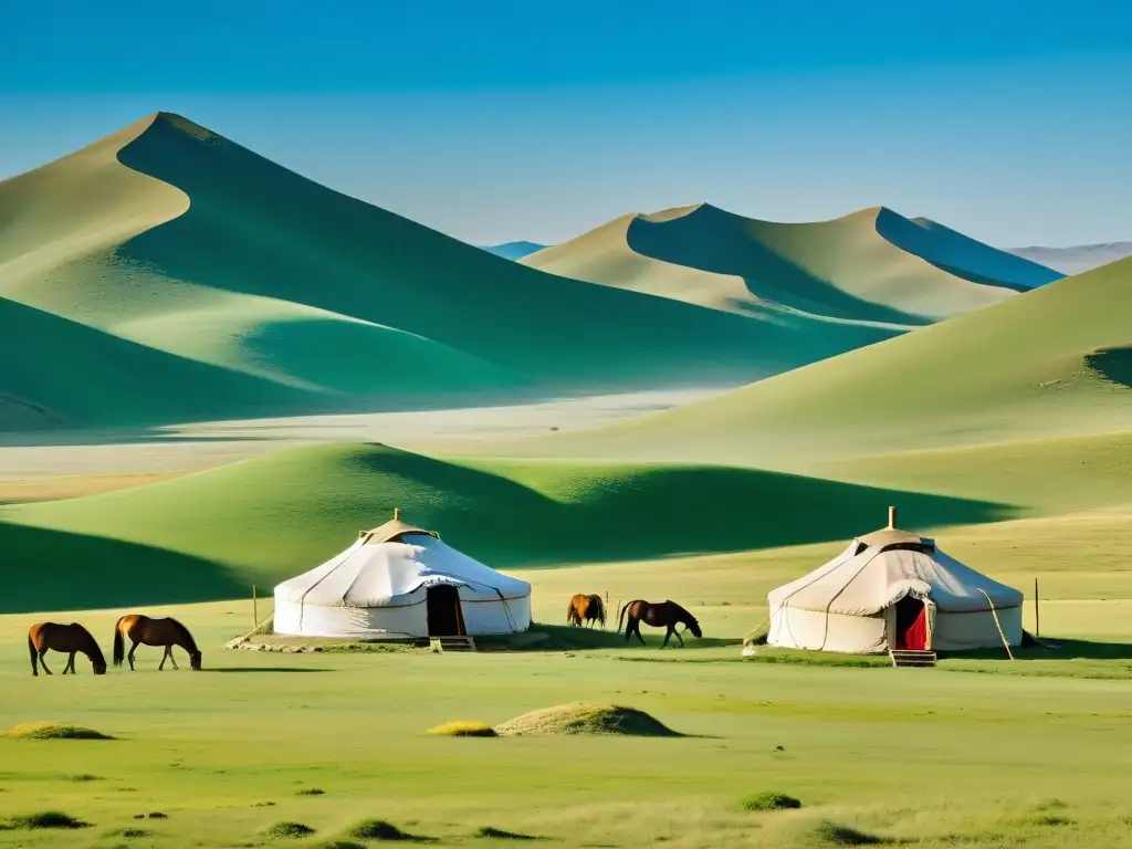 Vasto paisaje de estepa mongol con yurtas, caballos y personas en ropa tradicional