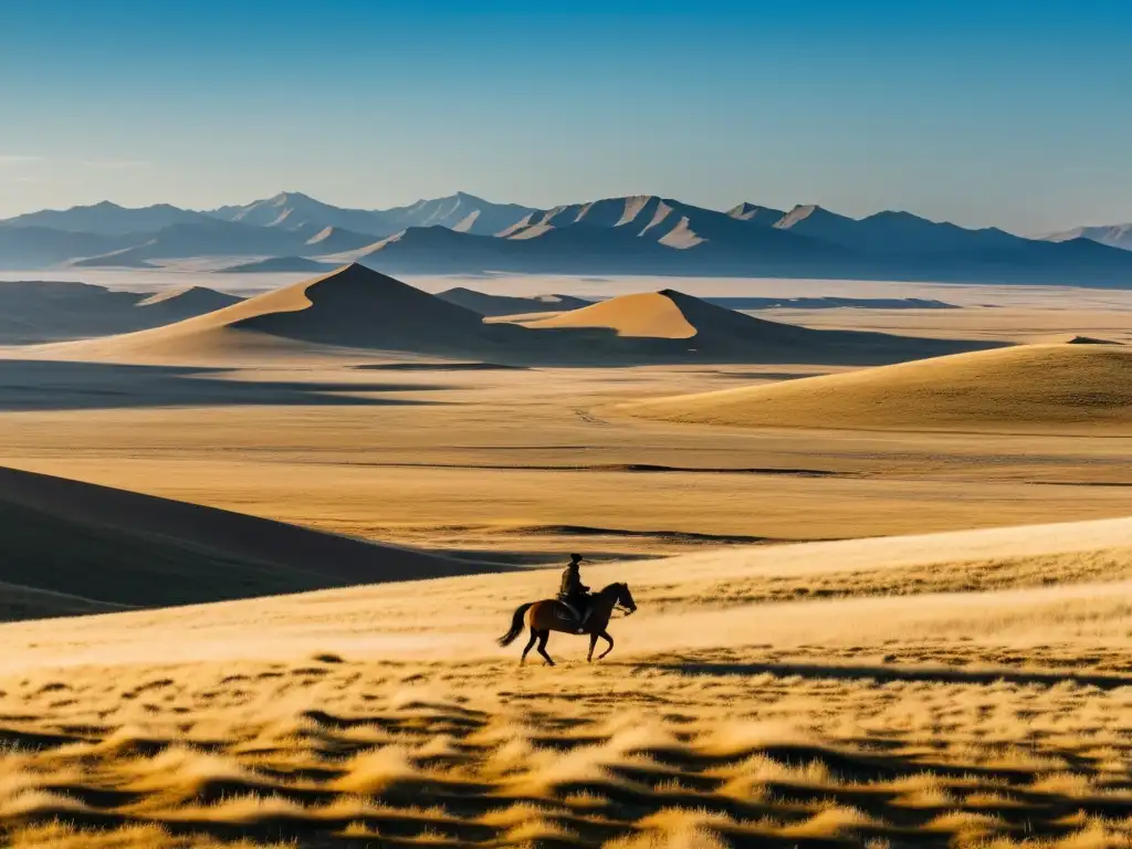 Un vasto paisaje de la estepa mongol bajo un cielo azul, con la silueta de una figura solitaria a caballo en la distancia