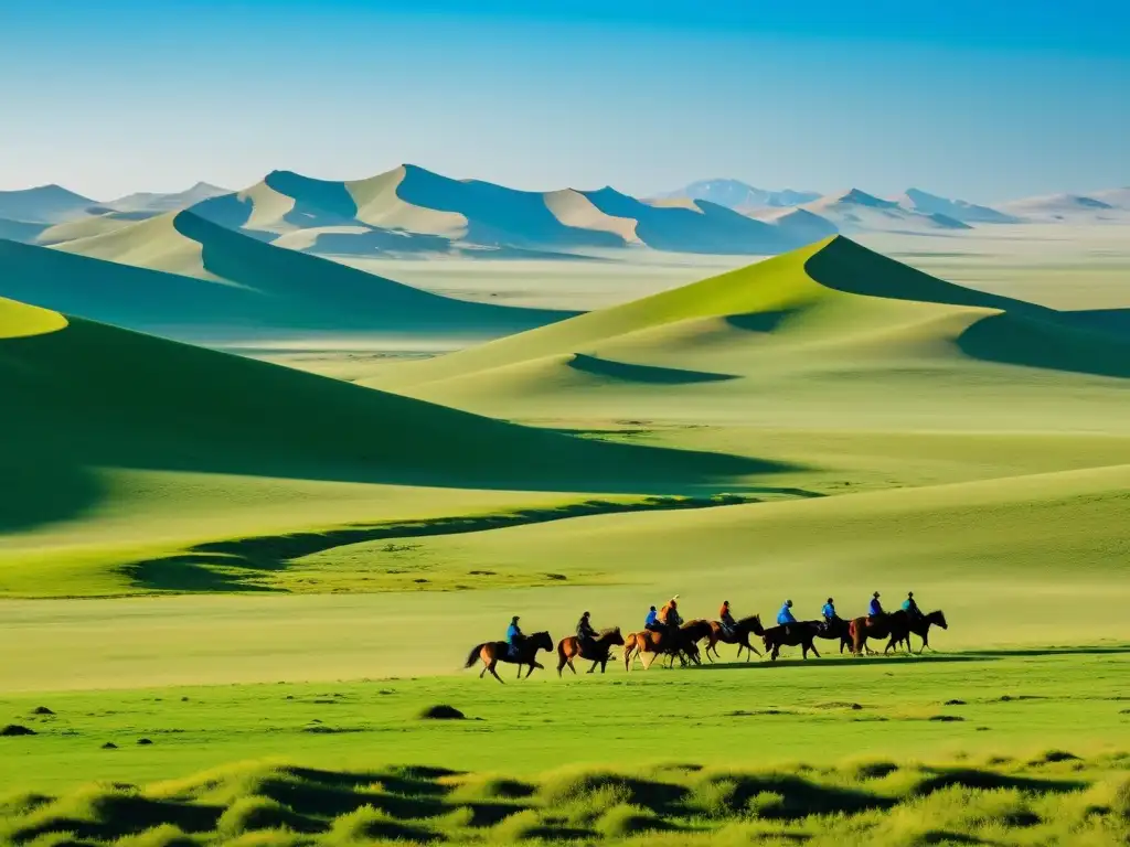 Un vasto paisaje de la estepa mongol con colinas y cielo azul