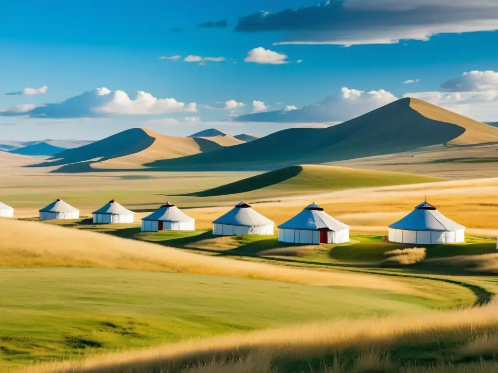 Un vasto paisaje de la estepa mongol, con colinas cubiertas de hierba dorada que se extienden hasta el horizonte