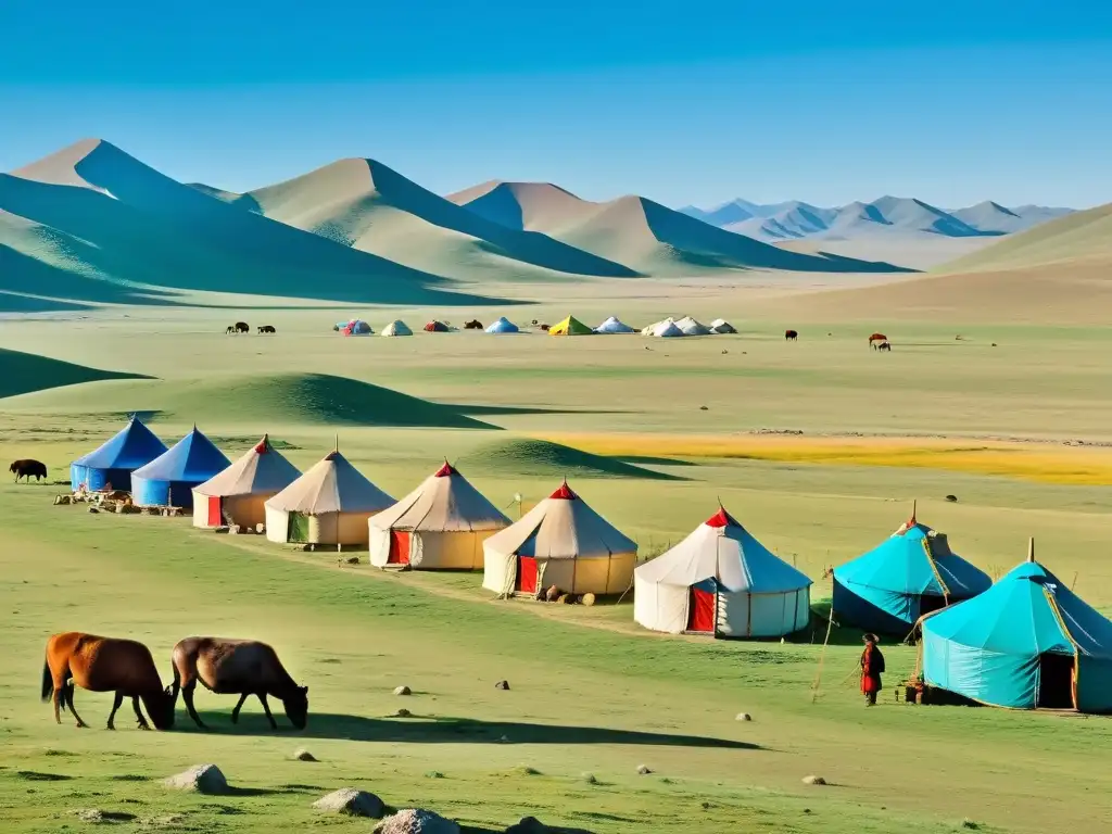 Un vasto paisaje de estepa en Mongolia con colinas onduladas que se extienden hacia el horizonte bajo un cielo azul