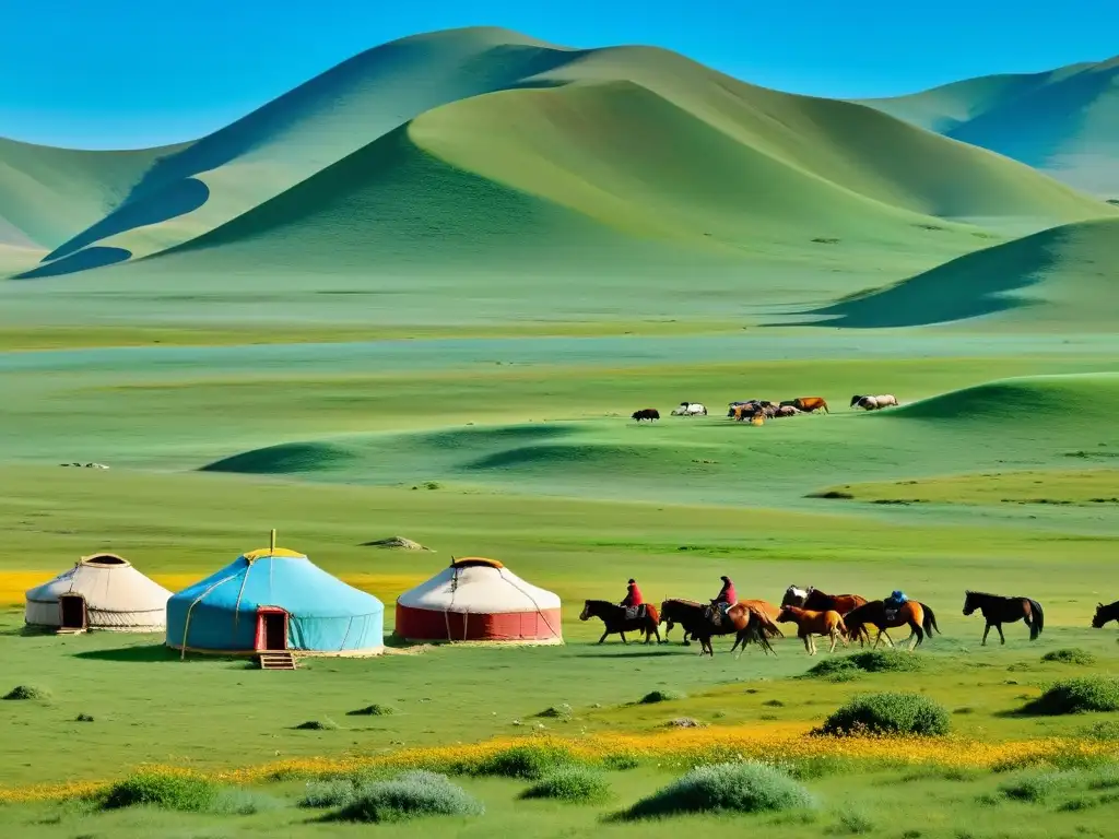 Un vasto paisaje de la estepa mongola con colinas verdes, yurtas y pastores guiando caballos