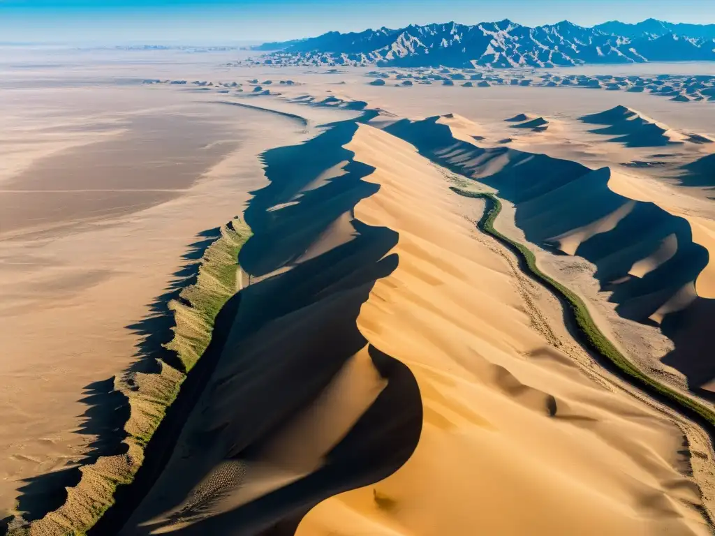 Un vasto paisaje desértico en el Desierto del Gobi, mostrando la inmensidad de la tierra árida y las dunas de arena