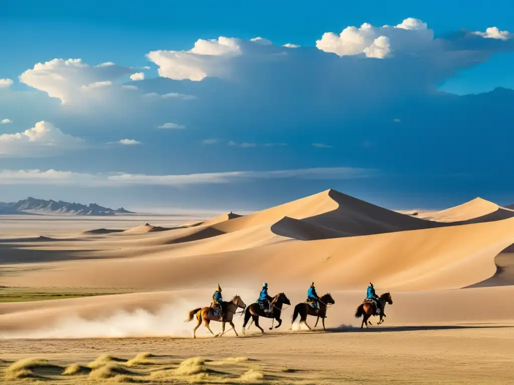 Vasto paisaje desértico del Gobi con guerreros mongoles en estrategias de conquista del Imperio Mongol