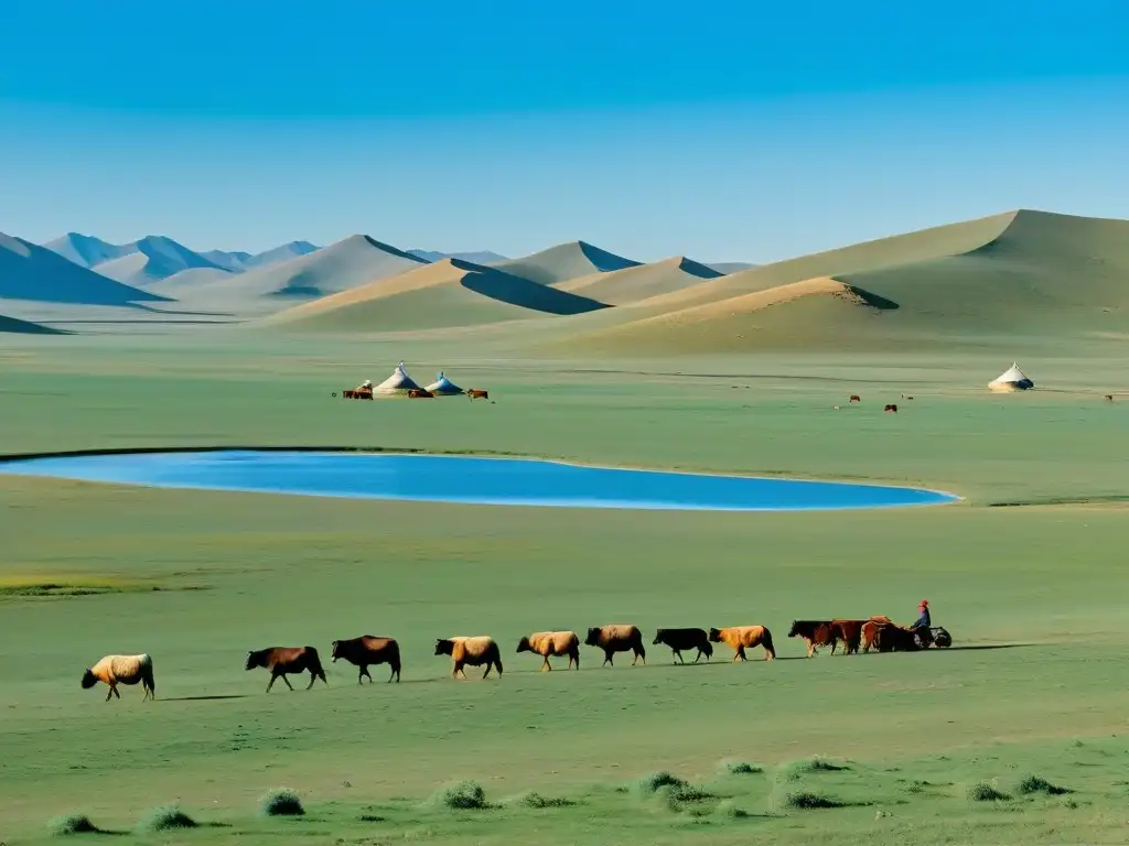 Panorama de la estepa mongol: familia nómada y ganado Un vasto paisaje de la estepa mongol con una familia nómada pastoreando ganado