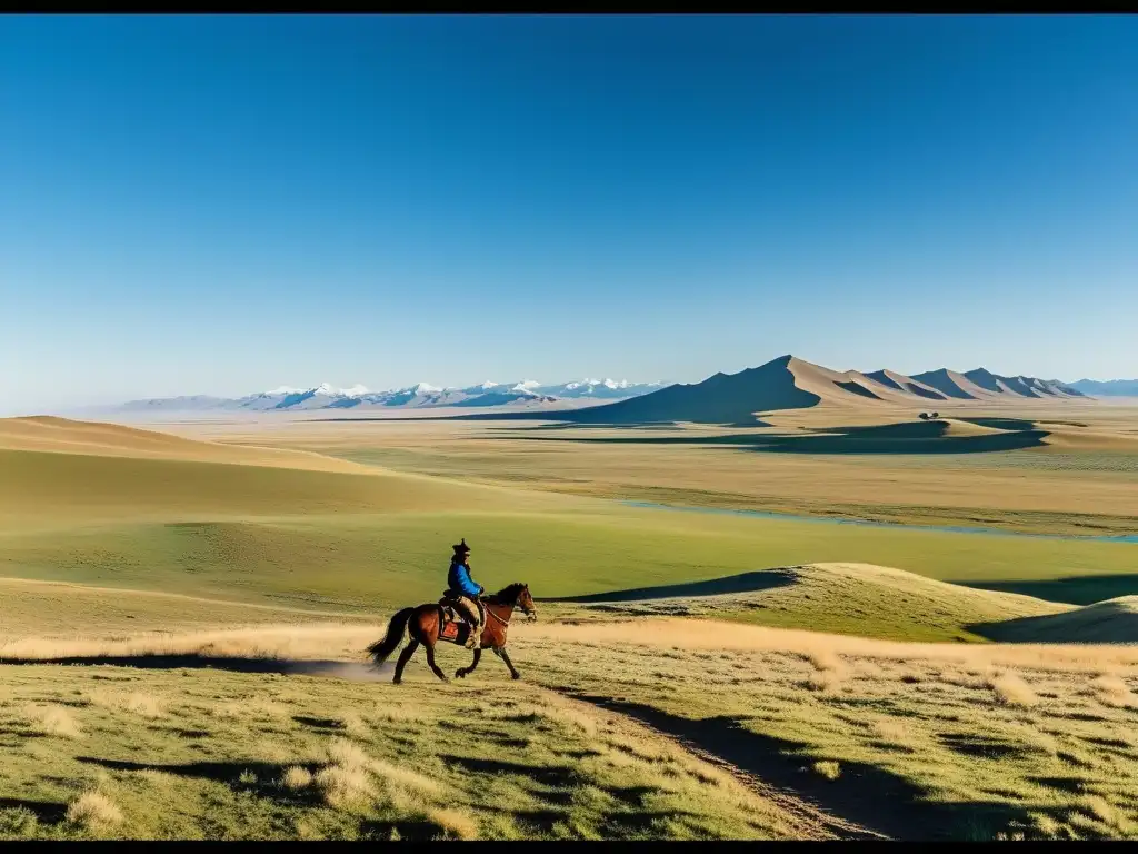 Un vasto paisaje de la estepa mongola con una figura solitaria a caballo, evocando el legado cultural y conquistas mongolas