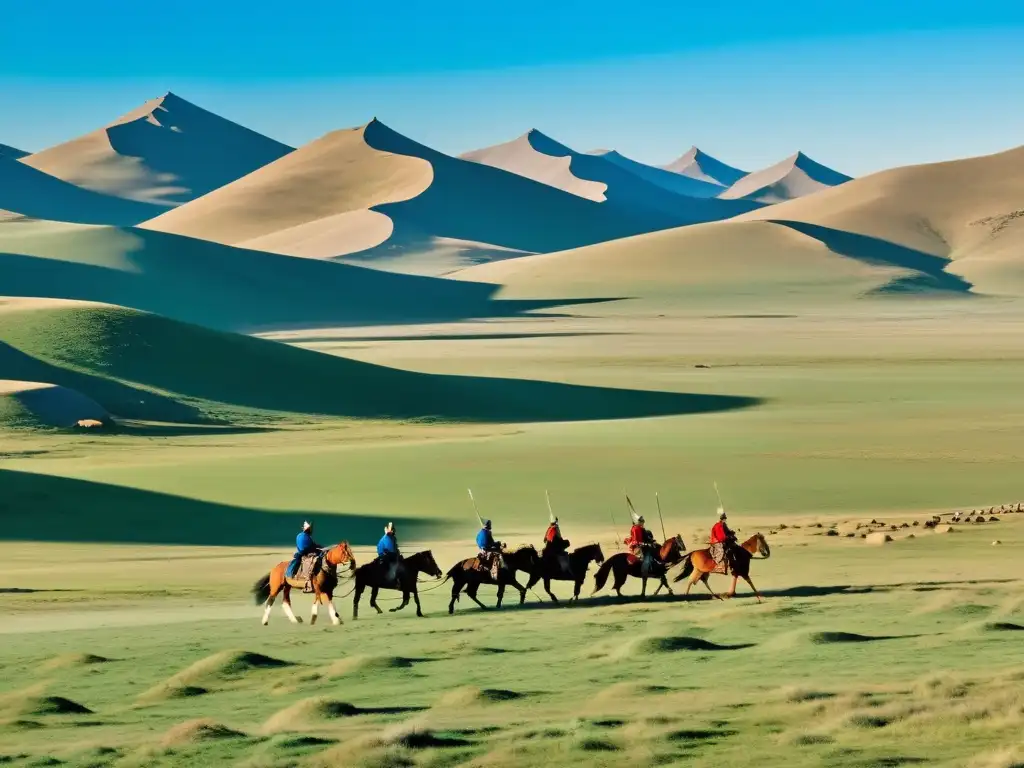 Un vasto paisaje de estepa mongol se extiende hacia el horizonte, con guerreros montados a caballo en primer plano y yurtas esparcidas