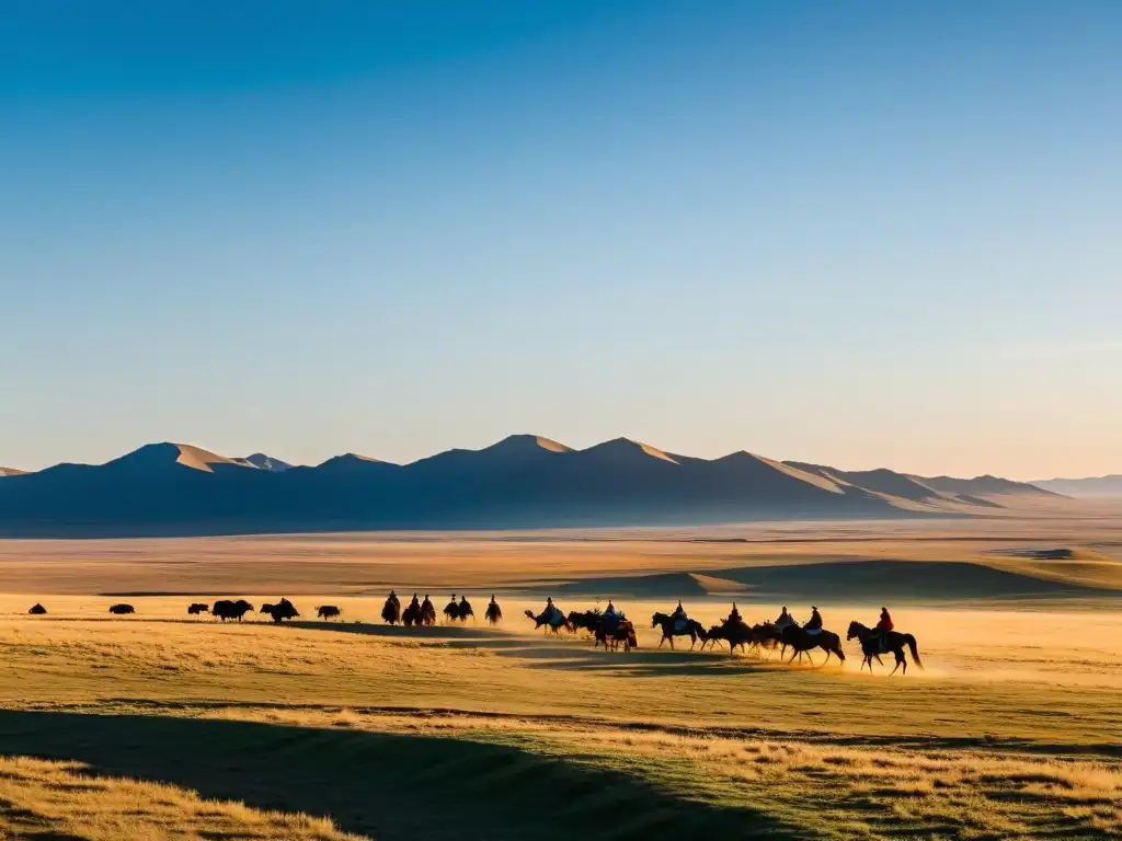 Un vasto paisaje de la estepa mongol con un jinete solitario a lo lejos y una atmósfera de legado legal Genghis Khan