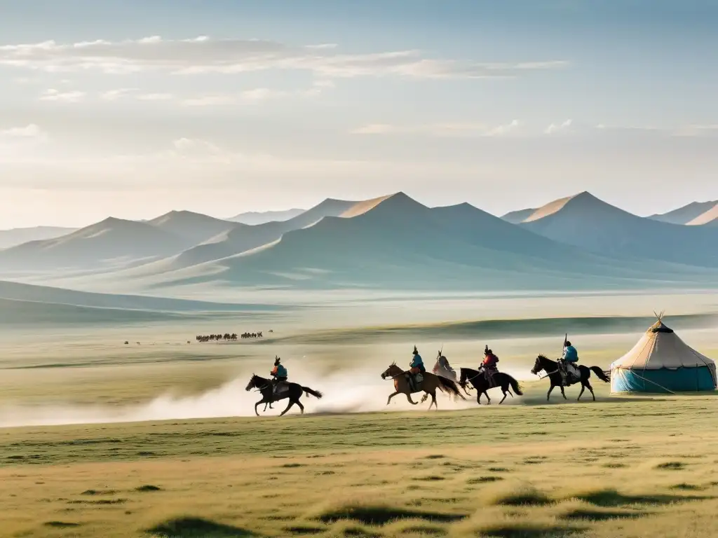 Un vasto paisaje de estepa con jinetes mongoles a caballo y un campamento militar en la distancia