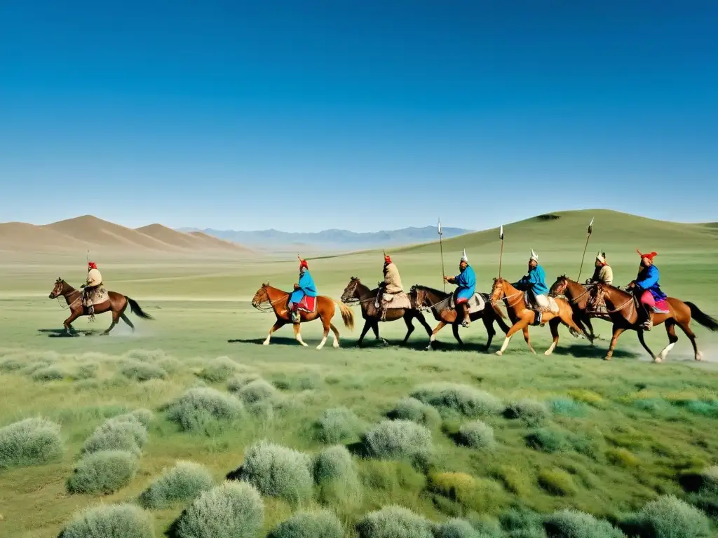 Un vasto paisaje de estepa mongol con jinetes en trajes tradicionales, portando lanzas y arcos