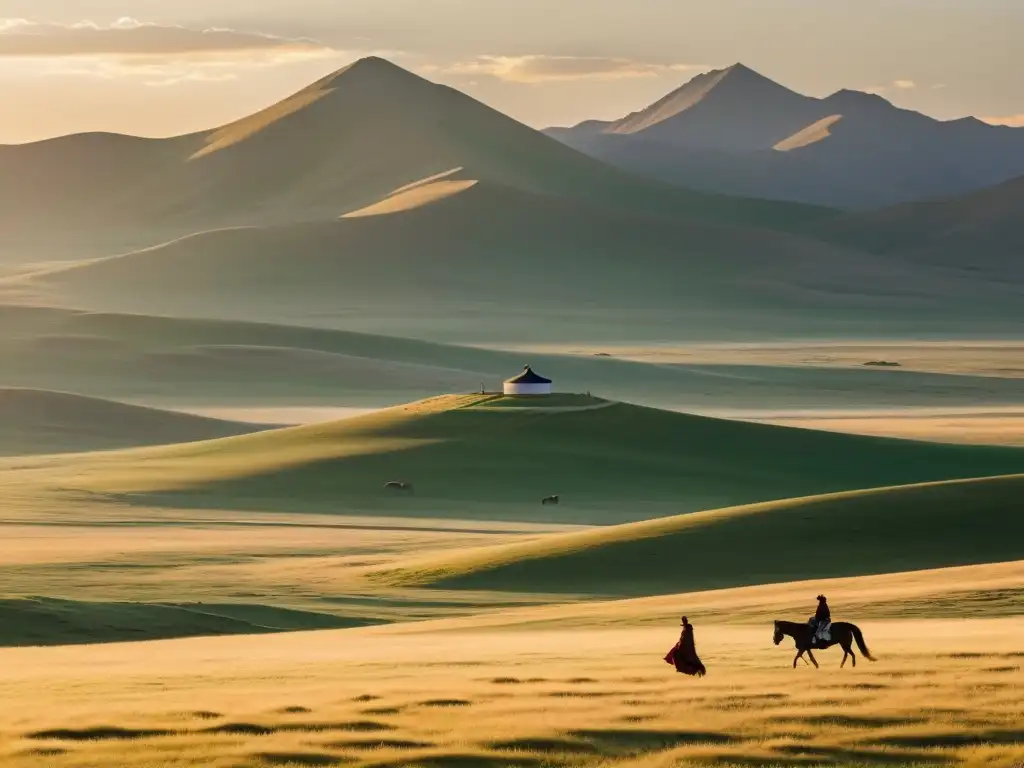 Un vasto paisaje de la estepa mongol, bañado por la suave luz dorada del atardecer