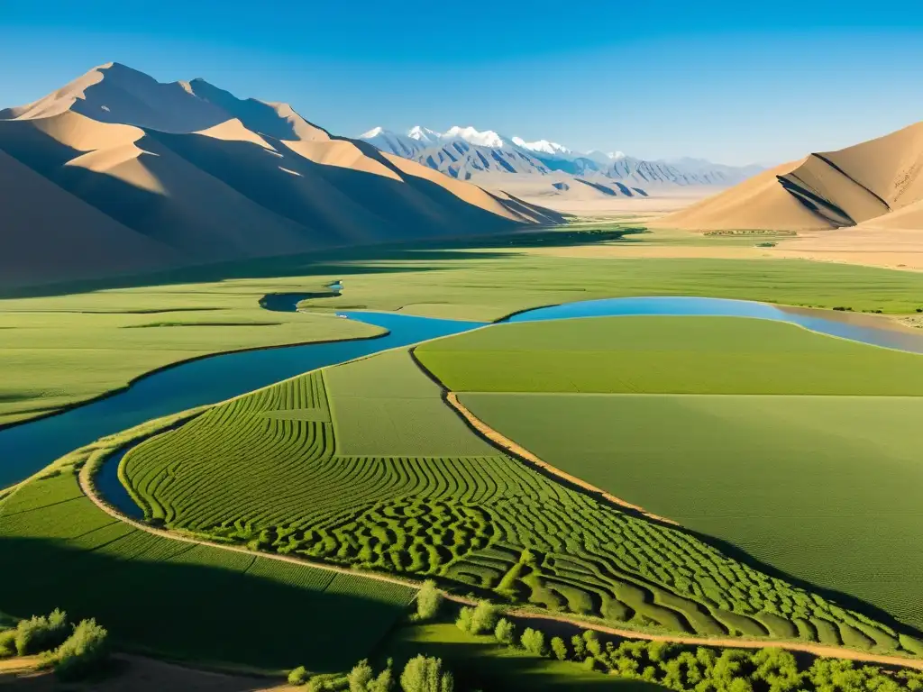 Un vasto paisaje mongol árido se extiende bajo un cielo azul claro, con intrincados canales de riego