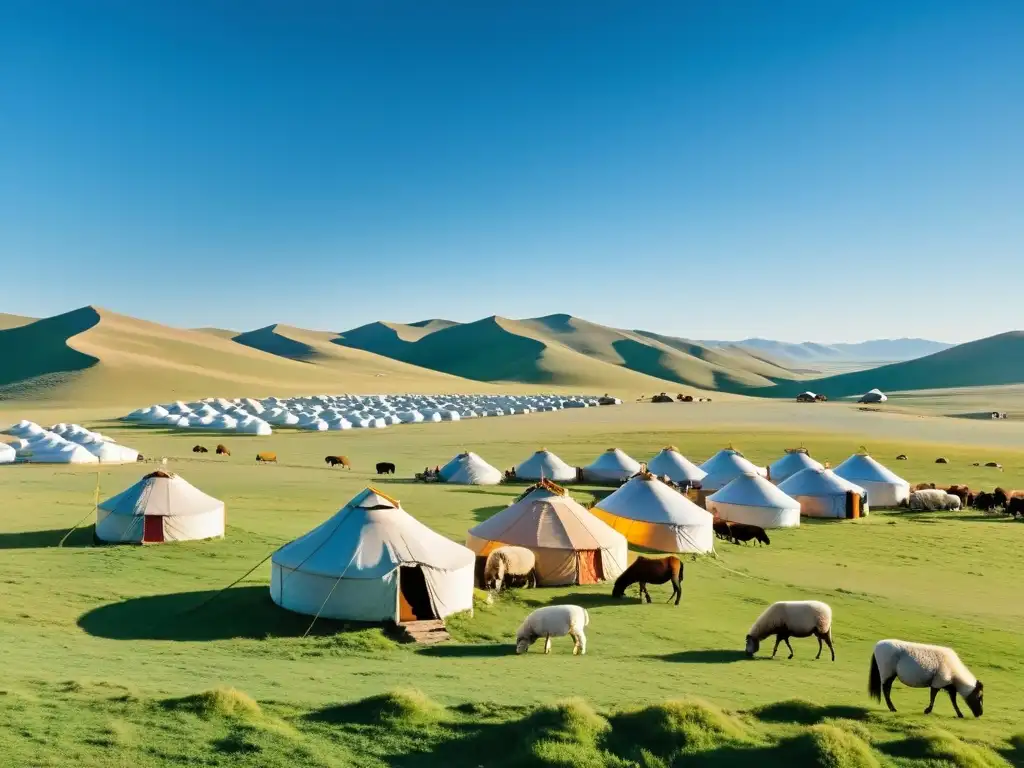 Un vasto paisaje mongol con colinas ondulantes, praderas extensas y yurtas tradicionales