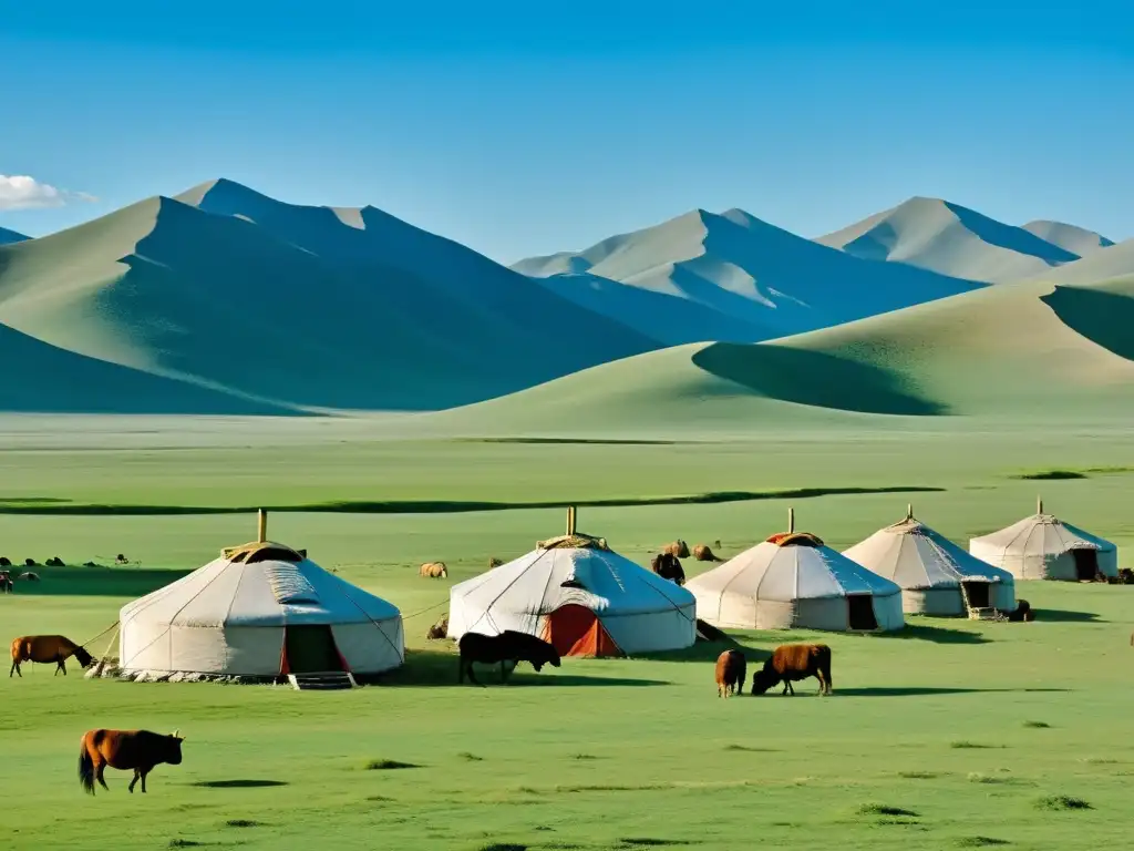 Un vasto paisaje mongol se extiende con pastizales, montañas y cielo azul